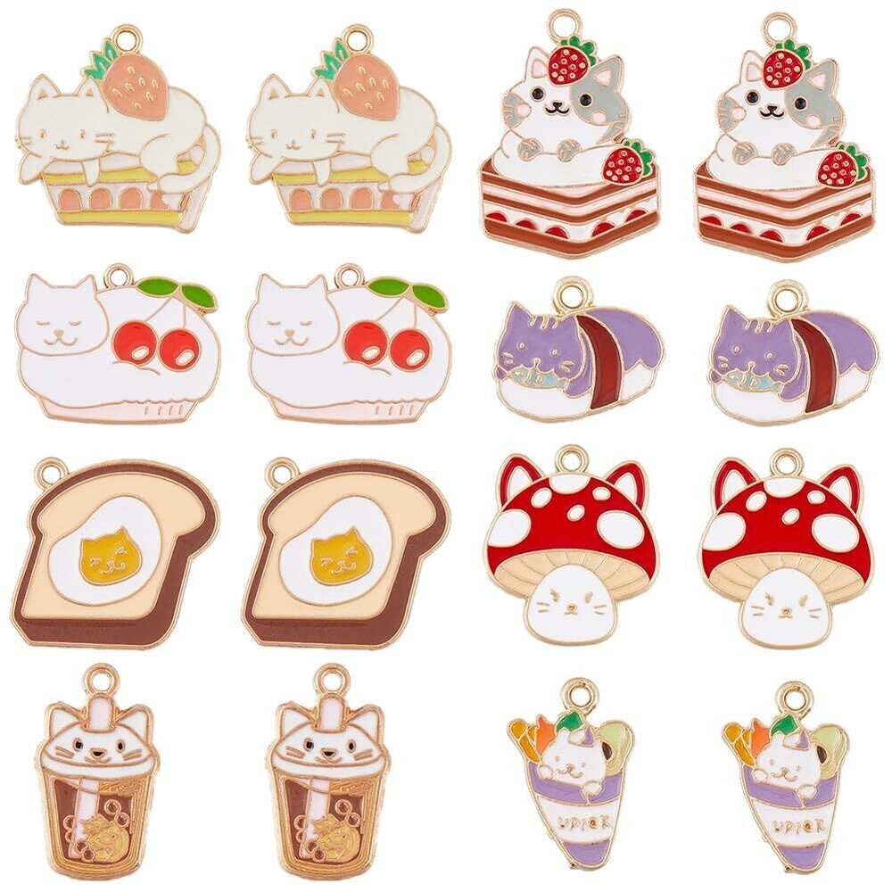 8901 1 Box 32Pcs 8 Styles Enamel Cat Charm Bulk Food Charms Cute Kitty